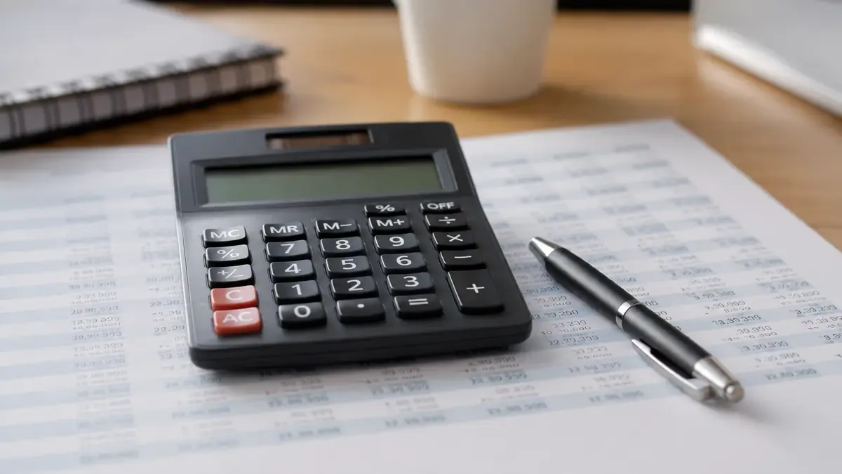 Calculadora sobre planillas junto a una lapicera
