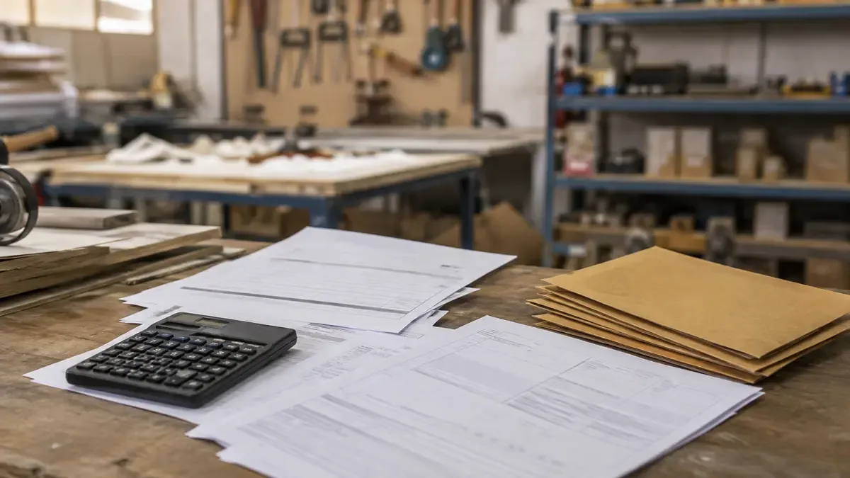Planillas sin cifras, calculadora y sobres de cobros en un taller productivo ordenado, plano medio documental, perspectiva