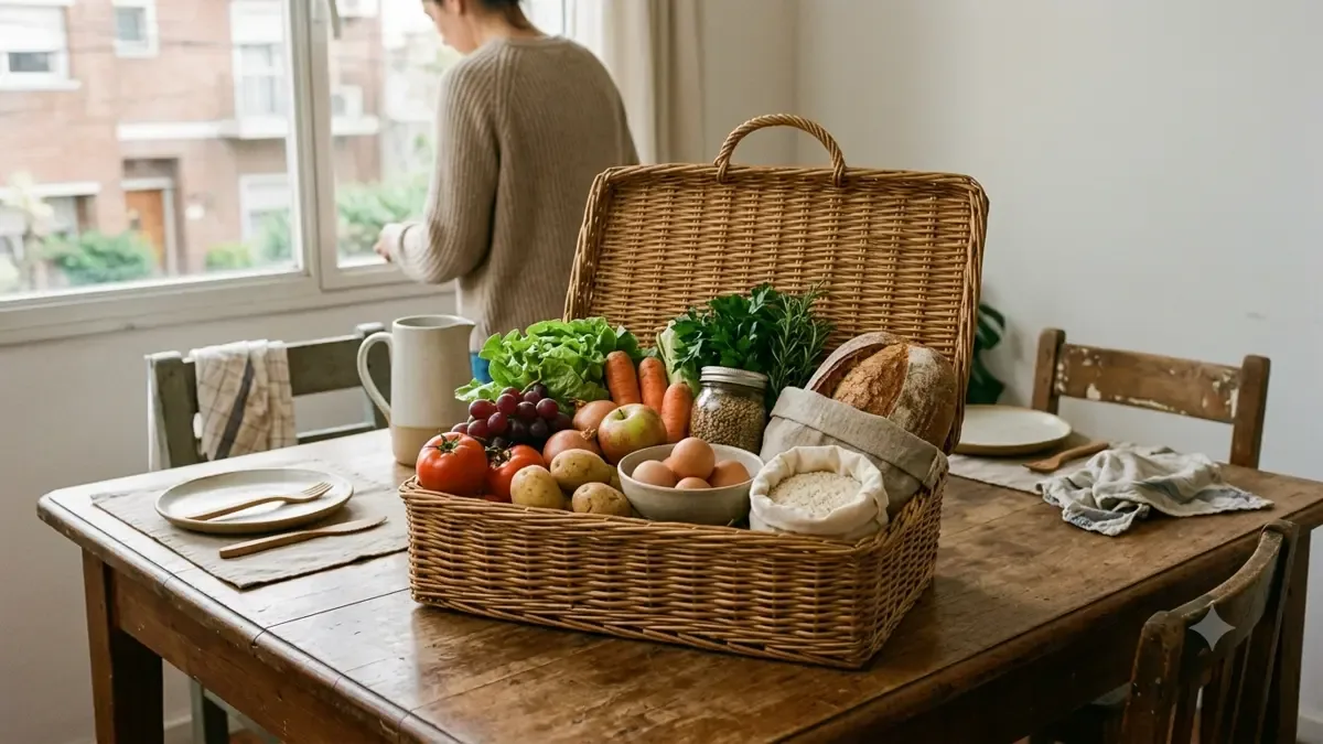 Una canasta con alimentos básicos sin envases de marca en una mesa familiar de uso cotidiano, plano medio documental