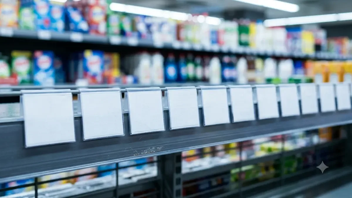 Fila de etiquetas de precio en el borde de una góndola
