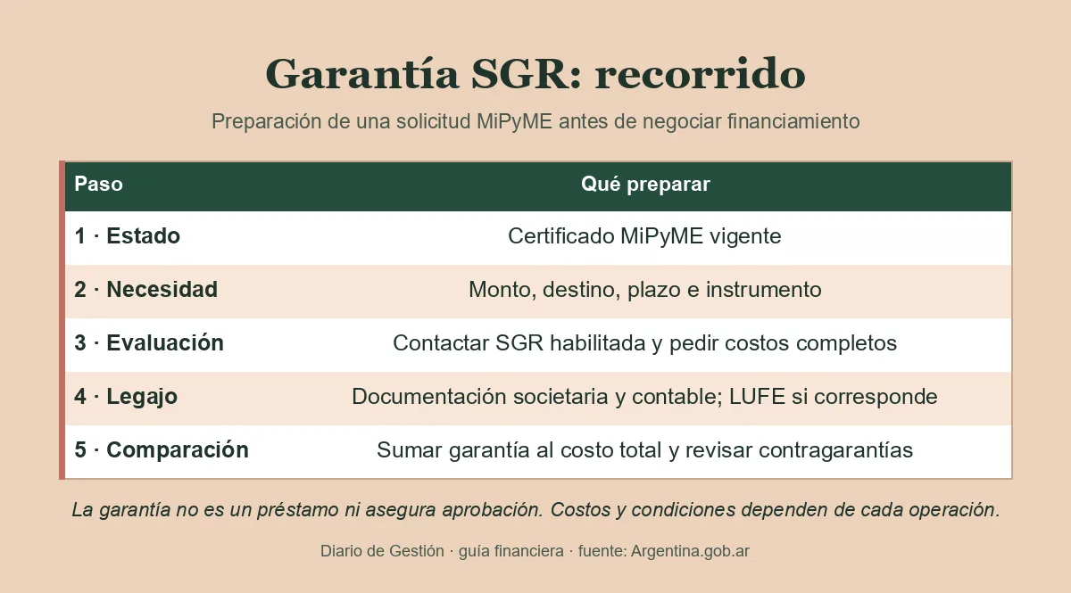 Infografía de Diario de Gestión sobre cómo una SGR puede otorgar garantías para financiar una pyme.
