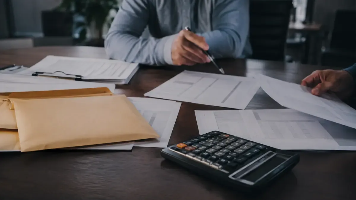 Revisión de documentos y calculadora durante una reunión