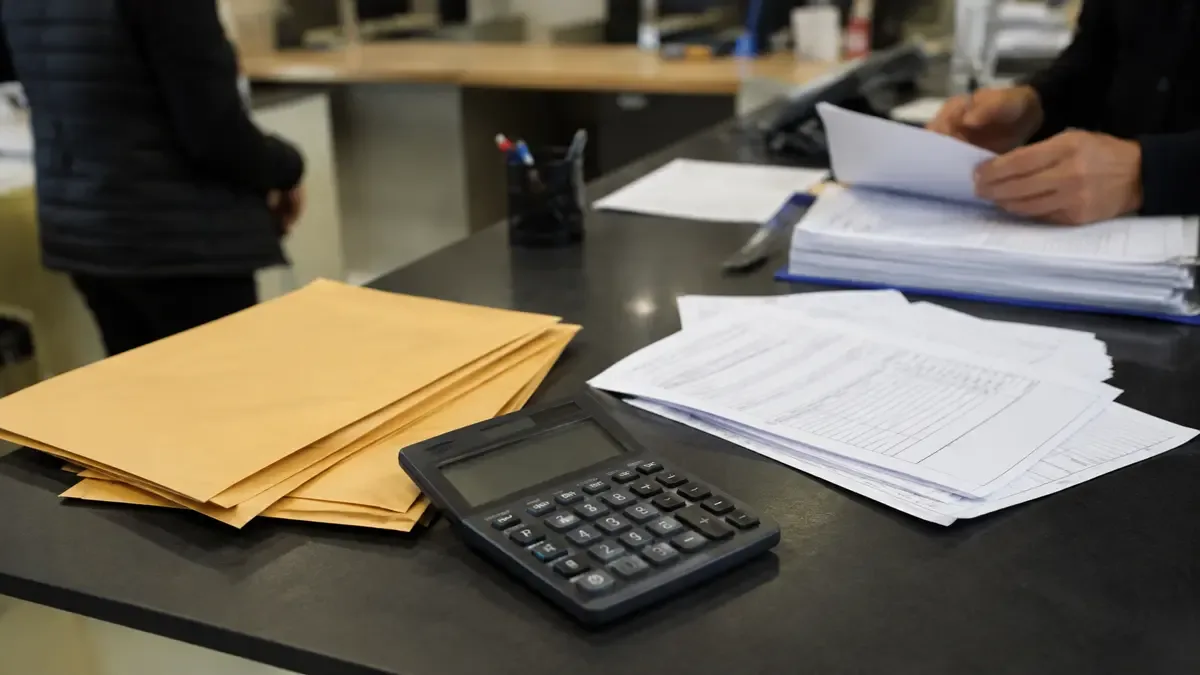 Planillas sin cifras, calculadora y sobres de cobros en un sector de caja sin marcas ni cifras, vista en tres cuartos, profundidad de campo suave