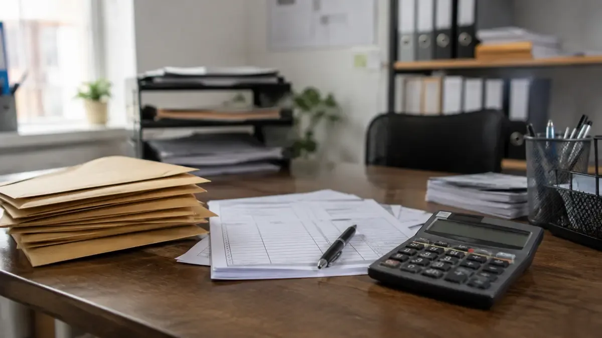 Escritorio de oficina con papeles y calculadora