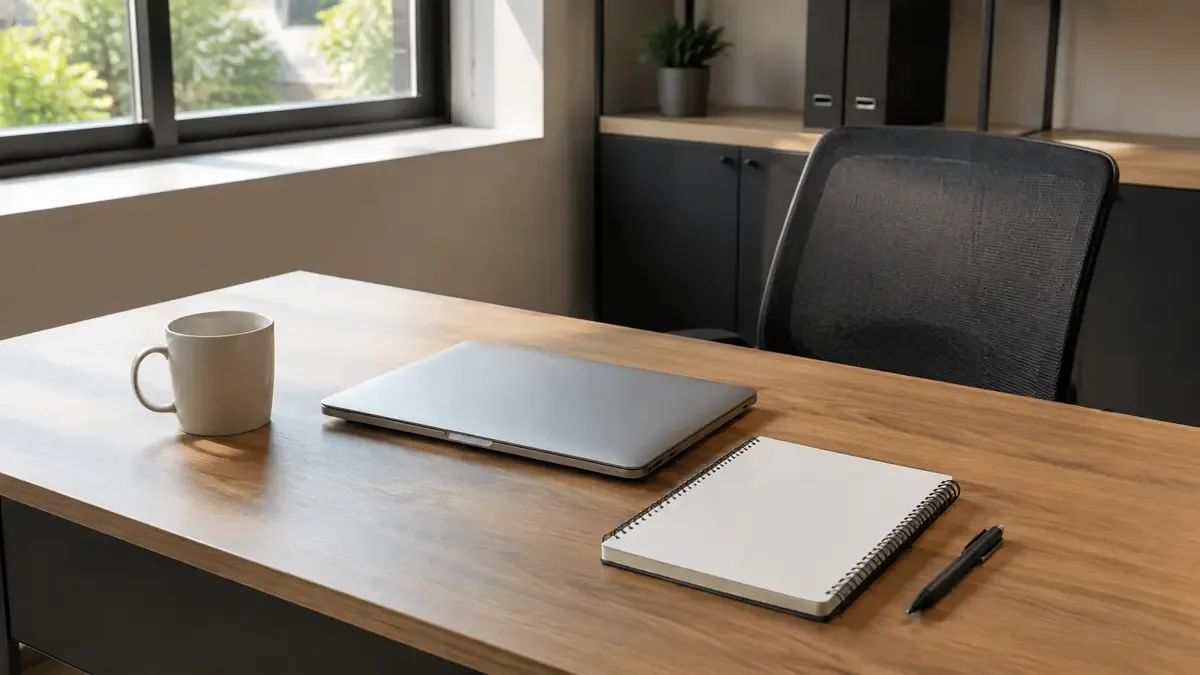 Escritorio de oficina de una pyme con notebook y agenda
